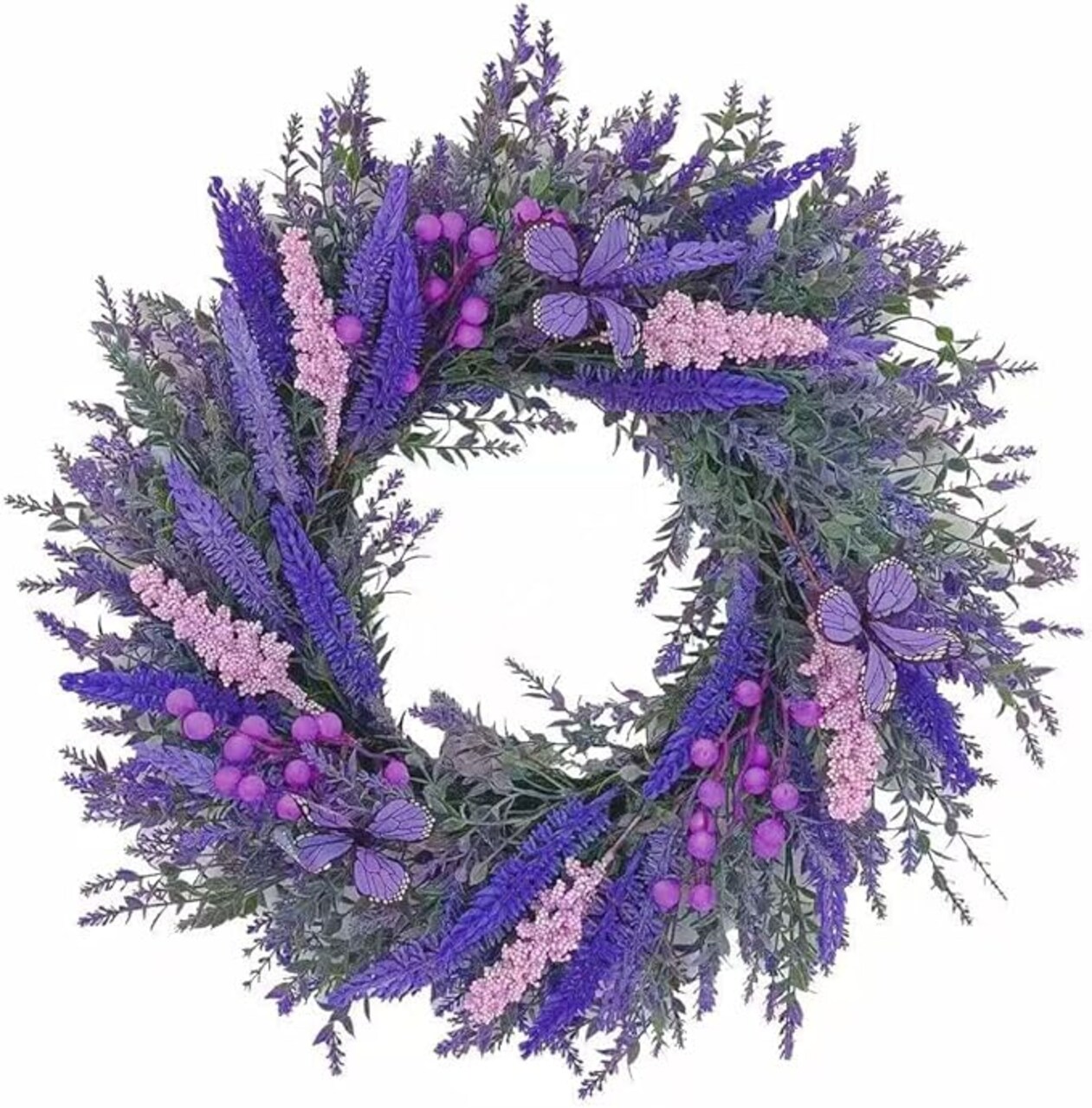 20Inch Purple Lavender Wreath for Front Door,Artificial Lavender, Blueberry, Purple Butterfly,Used for Window, Wall, Porch, and Other Indoor and Outdoor Home Decorations